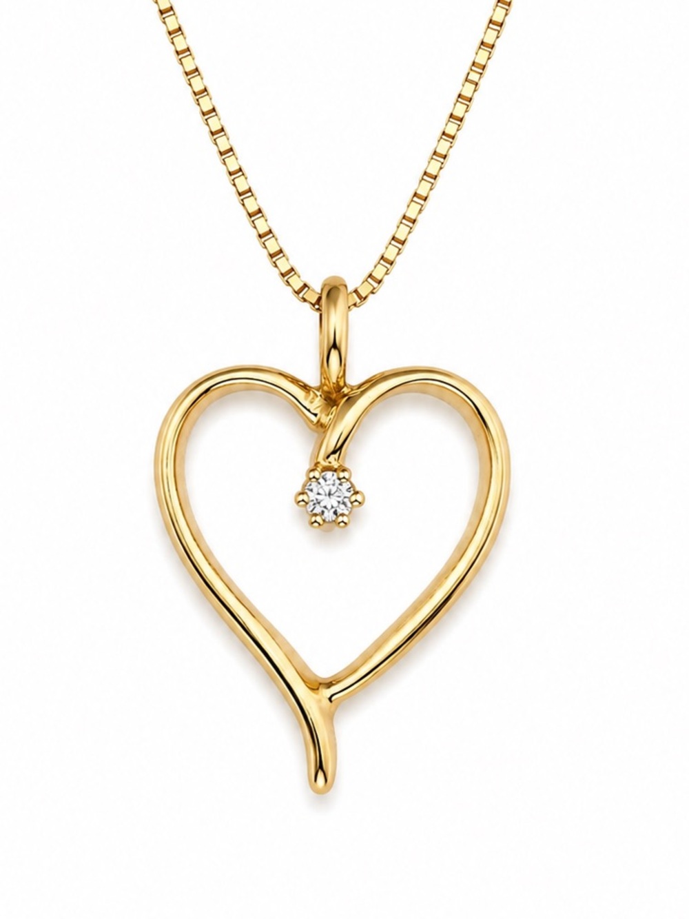Solid 14K Yellow Gold Open Heart Diamond Pendant Necklace 18in Box Chain Dainty